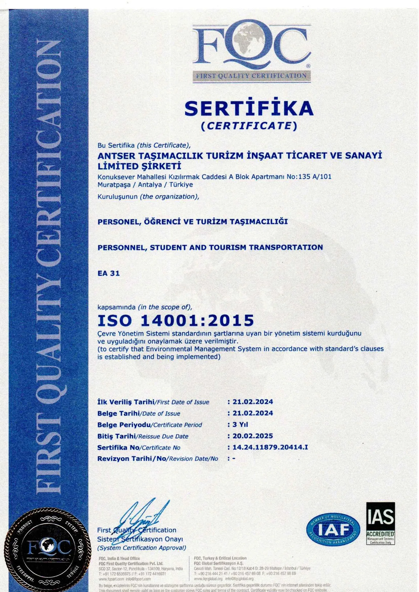 ISO 14001:2015 – Çevre Yönetim Sistemi