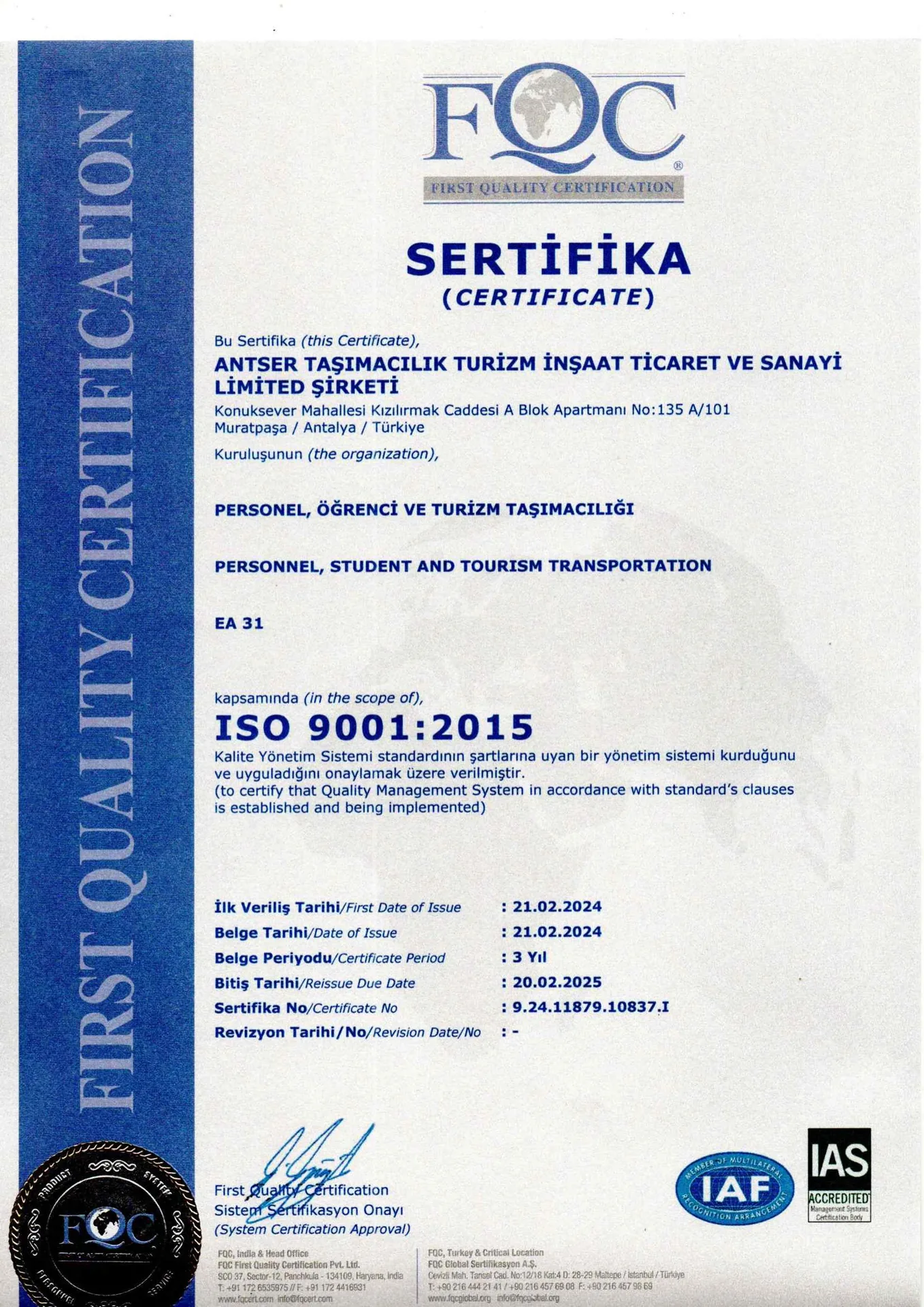 ISO 9001:2015 – Kalite Yönetim Sistemi